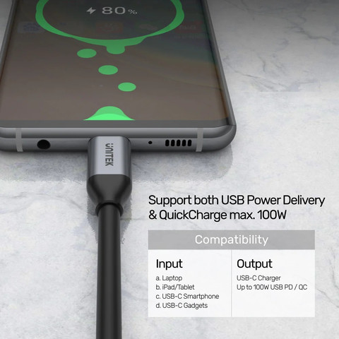 כבל USB-C מקצועי עד 100W עם 4K@60Hz ו-5Gbps - באורך 2 מטר - Unitek C14091ABK