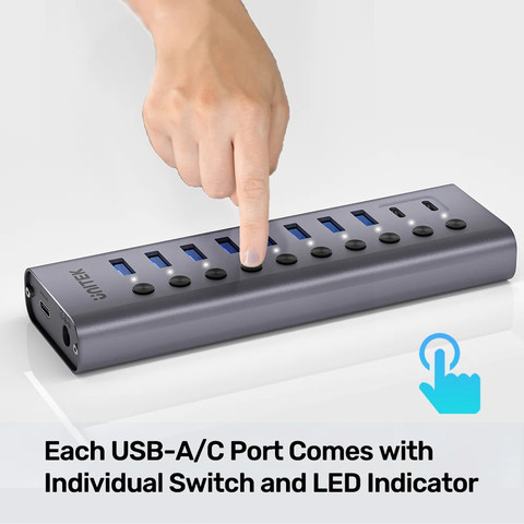 מפצל USB אקטיבי UNITEK 10-in-1 עם מפסקים אישיים (8xUSB-A + 2xUSB-C)
