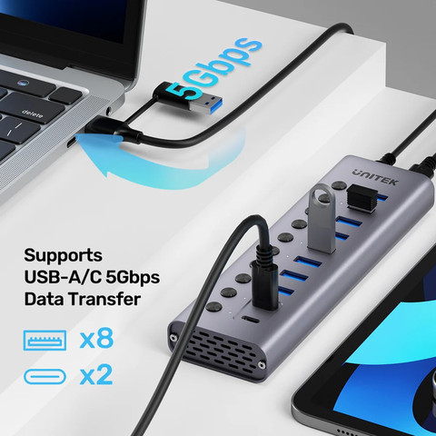 מפצל USB אקטיבי UNITEK 10-in-1 עם מפסקים אישיים (8xUSB-A + 2xUSB-C)