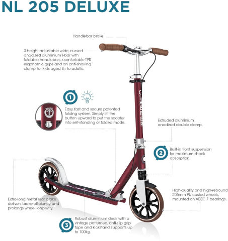 NL 205 Deluxe קורקינט קליל ומתקפל לנוער ומבוגרים עם מעצור יד מתאים עד 100 ק"ג - שחור וינטג