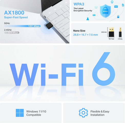 מתאם רשת אלחוטי TP-Link AX1800 WiFi 6 Archer TX20U Nano