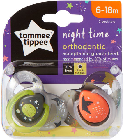 זוג מוצצי סיליקון מסדרת זמן שינה Night Time זוהרים בחושך 6-18m טומי טיפי Tommee Tippee-דגם אקראי