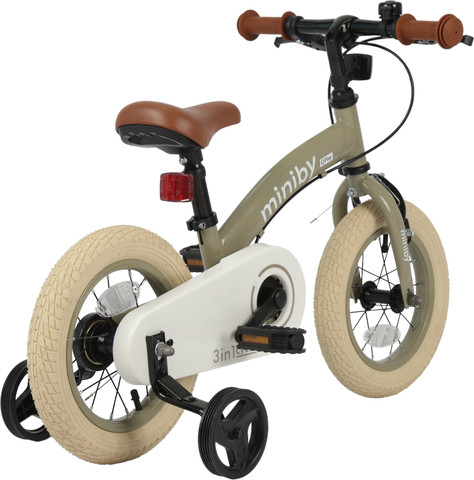MINIBY 3in1 - אופני איזון "12 שהופכים לאופני ילדים עם בלם יד וגלגלי עזר לגילאי 2-5 שנים - אפור