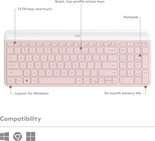 סט מקלדת ועכבר אלחוטיים Logitech MK470 Slim Wireless Combo ורוד עיצוב מינימליסטי שקט ודק במיוחד