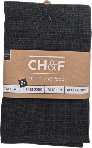 זוג מגבות מטבח וופל  100% כותנה צבע שחור  CHEF - tea towel