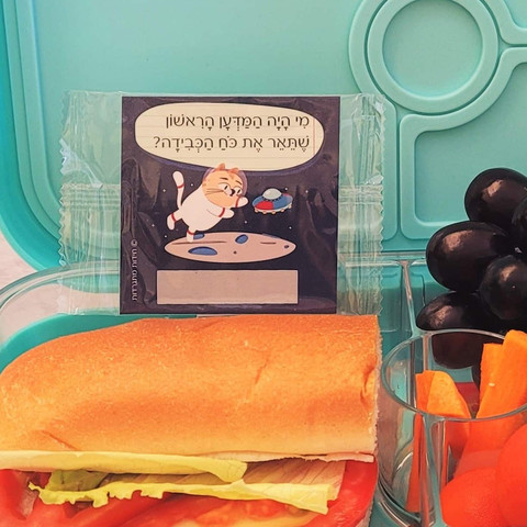 חידות מתגרדות לארוחת העשר - גילאי 6 - 8 בי"ס יסודי |  (כרטיסים לקופסת אוכל) סגול
