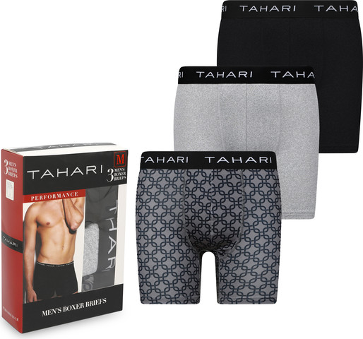 מארז 3 בוקסר בריפס Tahari Performance לגברים - שחור, אפור מלאנז' והדפס גיאומטרי