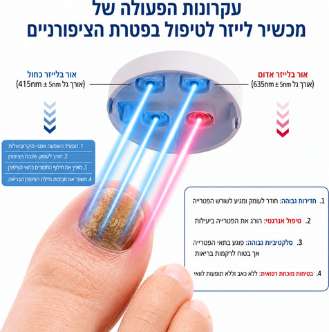 מכשיר לייזר ביתי לטיפול בפטרת הציפורניים – אור כחול 470nm ואינפרא אדום 900nm