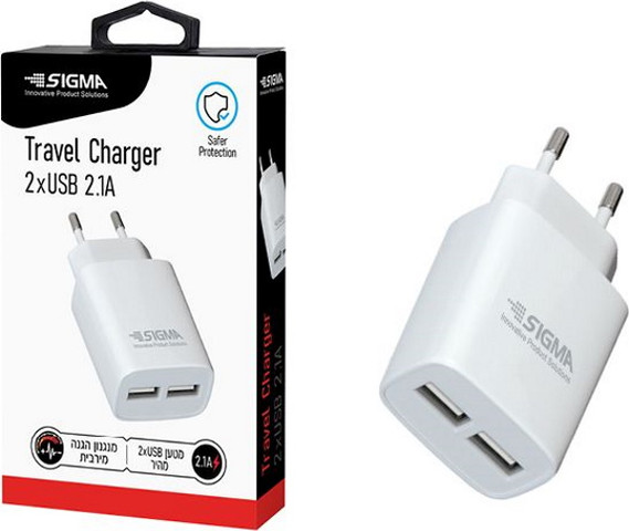 מטען קיר כפול Sigma USB TYPE-A 12W סיגמה SM-WC-2S לבן