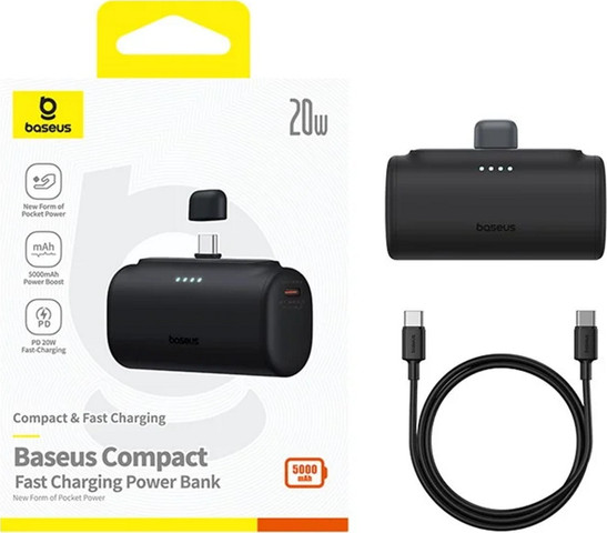 סוללת גיבוי Baseus 5000mAh בזאוס Compact Power Bank Type-C 5000mAh שחור