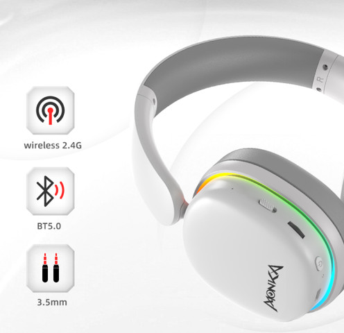 אוזניות לבנות עם תאורת RGB חיבור 2.4/BT /USB דגם MONKA-HG9070W מבית MONKA