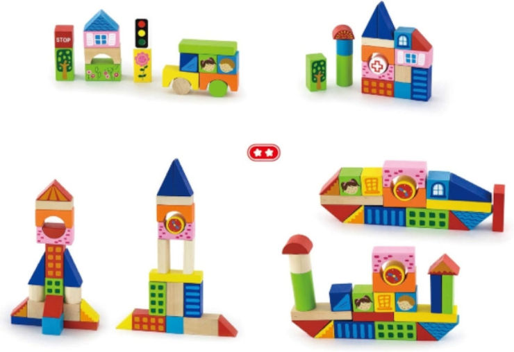 דלי עם 75 לבני עץ צבעוניות בצורות שונות לבניה - העיר שלי