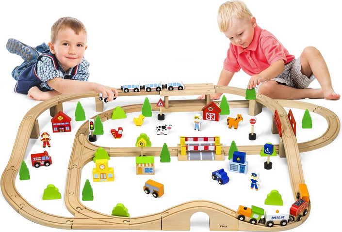סט רכבת משחק ענק מעץ 90 חלקים