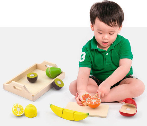 סט 6 פירות מעץ למשחק + מגש, סכין חיתוך ומגש הגשה