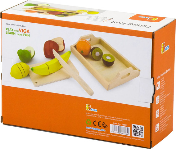 סט 6 פירות מעץ למשחק + מגש, סכין חיתוך ומגש הגשה