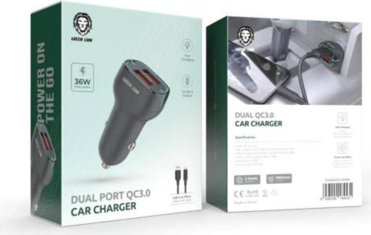 Green Lion Dual Port QC3.0 Car Charger  בצבע שחור