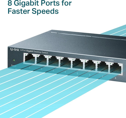 מתג שולחני TP-LINK SG108 V9 Gigabit 8 פורטים בצבע אפור מתכתי