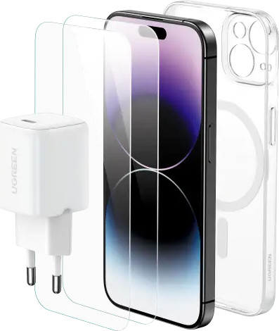מארז IPHONE 15 הכולל: מטען קיר 30W + כיסוי MagSafe  + זוג מגני מסך זכוכית שקוף