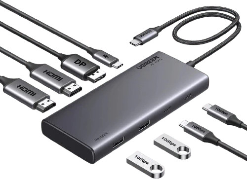 תחנת עגינה UGREEN CM693 USB-C HUB 8ב-1 Dual HDMI, DP, 10Gbps אפור
