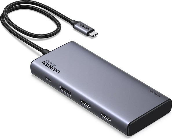 תחנת עגינה UGREEN CM693 USB-C HUB 8ב-1 Dual HDMI, DP, 10Gbps אפור