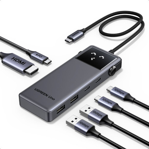 מפצל UGREEN UNO USB-C 6 ב-1 – כולל HDMI 4K@60Hz, טעינה מהירה 100W וחיבורים מהירים 10Gbps אפור