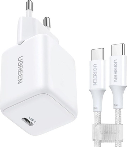 מטען קיר מהיר 30W GaN + כבל 1 מטר USB-C Ugreen לבן