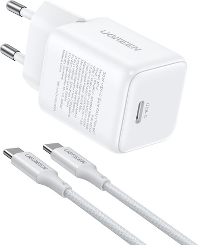 מטען קיר מהיר 30W GaN + כבל 1 מטר USB-C Ugreen לבן