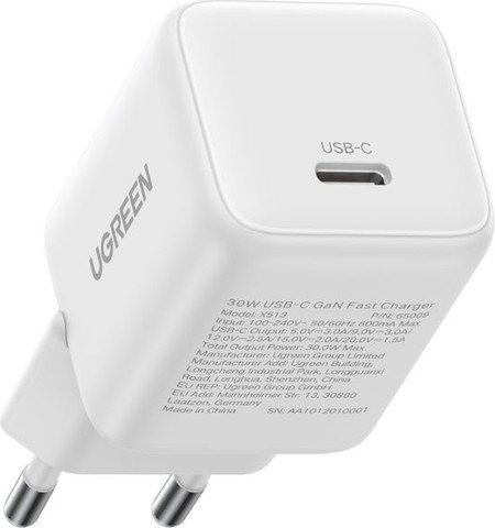 מטען קיר מהיר 30W GaN + כבל 1 מטר USB-C Ugreen לבן