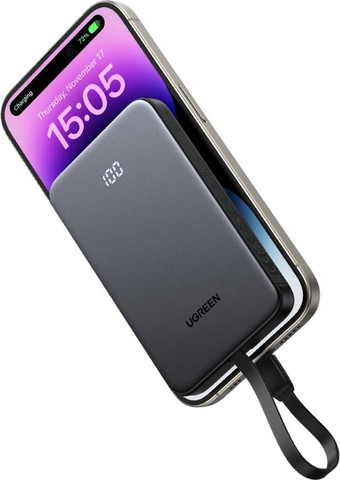סוללת גיבוי UGREEN 10000mAh 22.5W עם כבל USB-C מובנה אפור