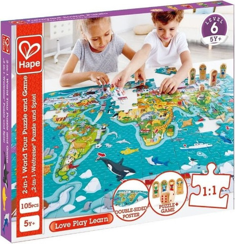 משחק פאזל 2 ב 1 עם 100 חלקים "מפת העולם" עם 4 דמויות משחק מעץ וקוביית משחק