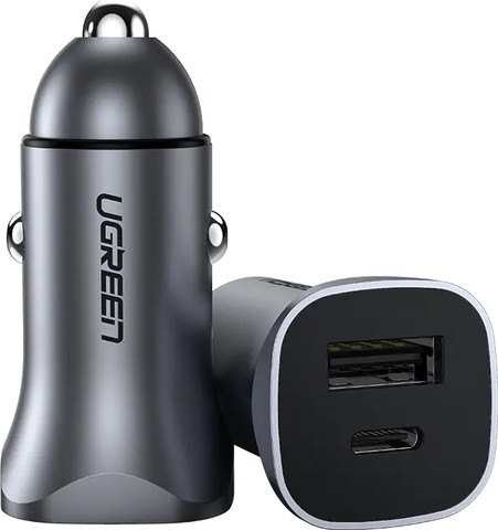 מטען רכב טעינה מהירה 2 יציאות UGREEN 30W USB-C PD+USB-A QC אפור