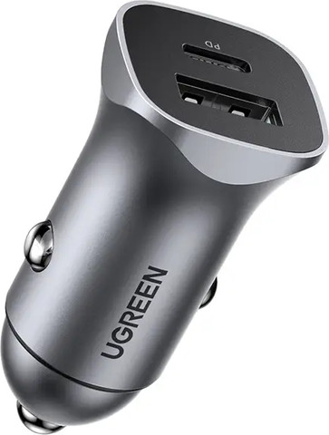 מטען רכב טעינה מהירה 2 יציאות UGREEN 30W USB-C PD+USB-A QC אפור