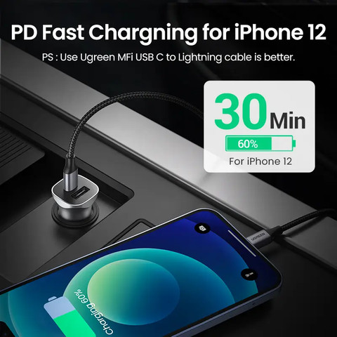 מטען רכב טעינה מהירה 2 יציאות UGREEN 30W USB-C PD+USB-A QC אפור