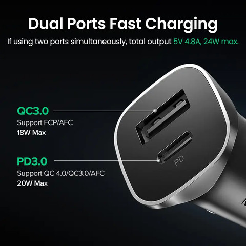 מטען רכב טעינה מהירה 2 יציאות UGREEN 30W USB-C PD+USB-A QC אפור