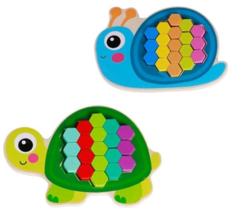 שני פאזלים פסיפס מעץ בצורת צב וחילזון עם 60 חלקים צבעוניים וכרטיסיות ליצרת גוונים שונים