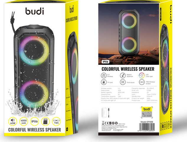 רמקול Bluetooth אלחוטי 40 W   עמיד למים IPX6‎ דגם SP08B מבית Budi
