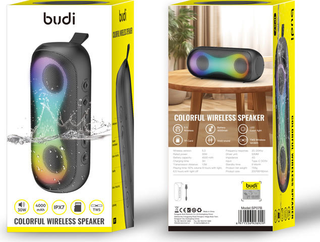רמקול Bluetooth אלחוטי 30W עמיד למים IPX7 דגם SP07B מבית Budi