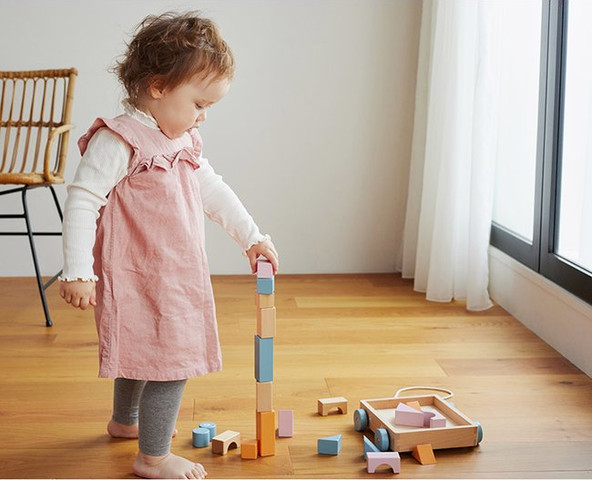 עגלת קוביות עץ 18 חלקים עם חוט משיכה