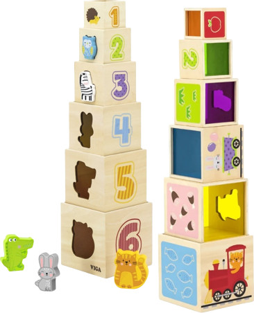מגדל 6 קוביות עץ עם התאם צורה חיות ולימוד מספרים, צבעים וצורות