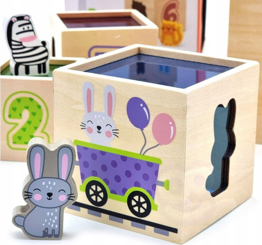 מגדל 6 קוביות עץ עם התאם צורה חיות ולימוד מספרים, צבעים וצורות