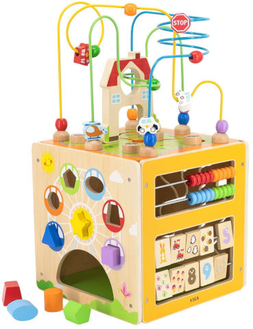קוביית פעילות מעץ 5 ב 1 עם מבוך חרוזים, התאם צורה וגלגלי שיניים