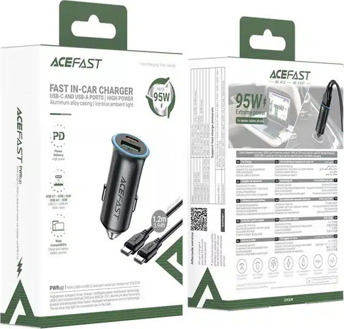 מטען לרכב מהיר 95W ACEFAST, יציאות USB-C + USB-A , כולל כבל C-C