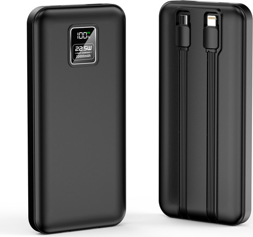 מטען חירום איכותי 10000mAh עם טעינה מהירה 22.5W – כבלים מובנים Type-C ו-Lightning, תצוגת LED, מתאים לאייפון, גלקסי ואנדרואיד