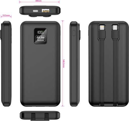 מטען חירום איכותי 10000mAh עם טעינה מהירה 22.5W – כבלים מובנים Type-C ו-Lightning, תצוגת LED, מתאים לאייפון, גלקסי ואנדרואיד
