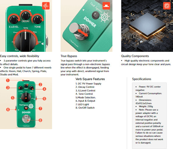 פדל ריברב לגיטרה 7 מצבים EC-965 Verb Square Reverb Guitar Pedal מבית DONNER