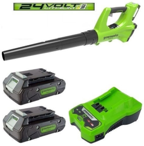 מפוח עלים חדש 24V + שתי סוללות 2.0A + מטען מהיר Greenworks