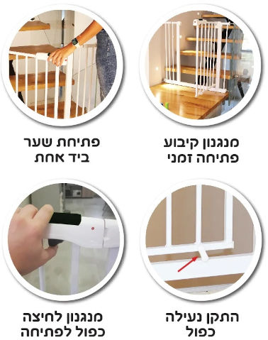 שער בטיחות 'ללא קדיחה' עם מנגנון נעילה אוטומטי, פתיחה דו-צדדית ומצב פתיחה זמני - לבן