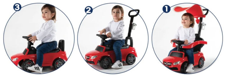 בימבה מרצדס קופה עם מוט דחיפה להורה 3 ב 1 עם קולות בעברית, צלילים וגגון - שחור