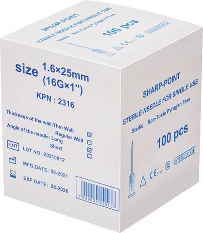 מחט היפודרמית סטרילית. 100 יחידות. Sterile Hypodermic Needle. . גדלים 16G עד 32G