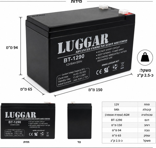 סוללת AGM אטומה Luggar 12V 9Ah – מצבר גיבוי למערכות אבטחה, תקשורת, תאורת חירום וציוד אלקטרוני